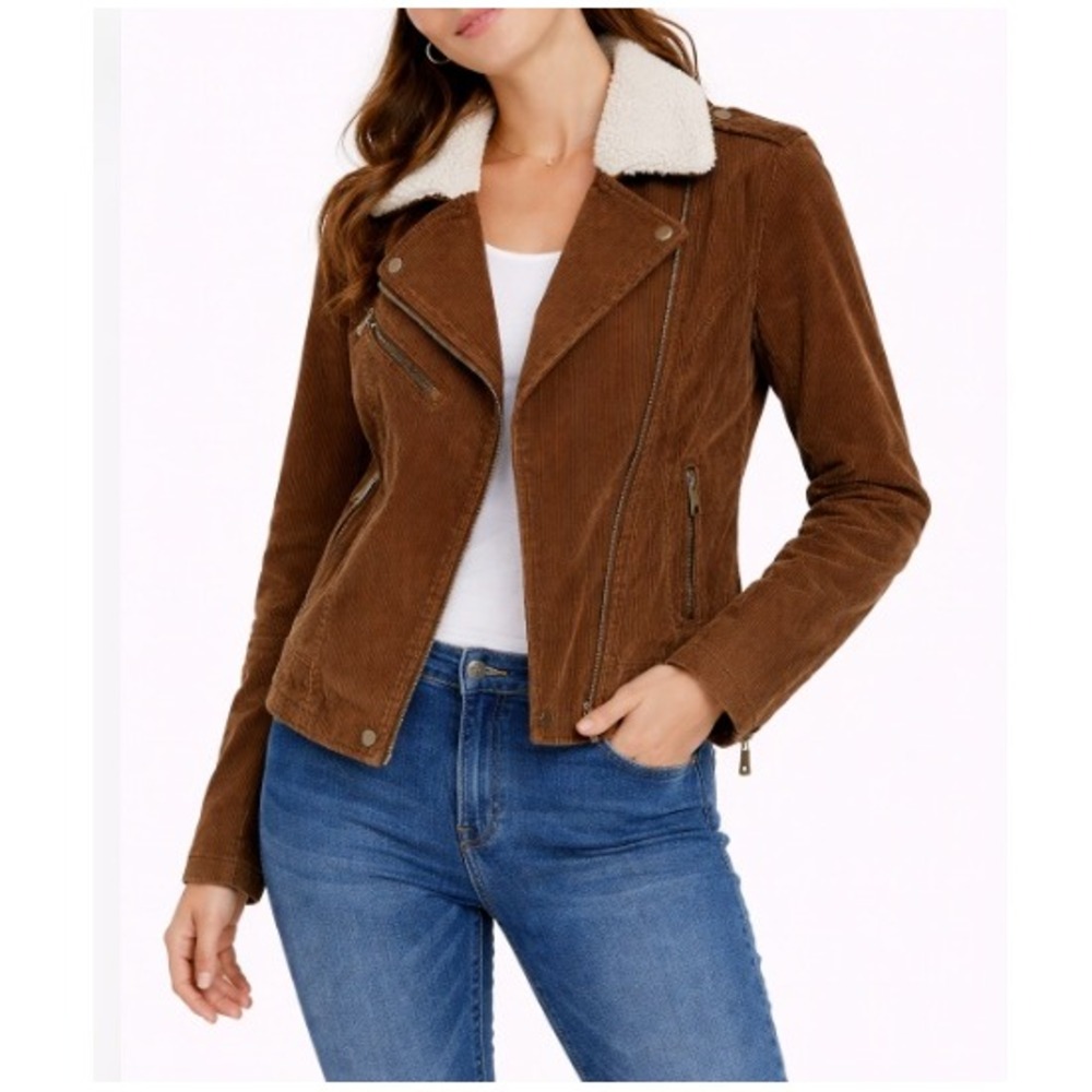 BNCI by Blanc Noir Women's‎ Brown Corduroy Sherpa Collar Moto Jacket Size S